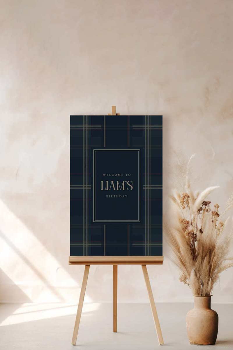 Ralph Lauren Plain birthday welcome sign in a minimalistic style. Event signage. In a blue, brown & red plaid design. Stationery for various event celebrations. Wedding, engagement stationery. Personalize and customize in Canva. Print at any local printer around the World. rust red, copper red, berry red, cranberry red.