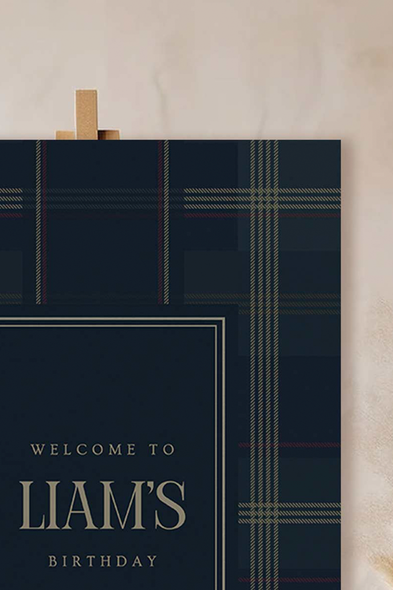 Ralph Lauren Plain birthday welcome sign in a minimalistic style. Event signage. In a blue, brown & red plaid design. Stationery for various event celebrations. Wedding, engagement stationery. Personalize and customize in Canva. Print at any local printer around the World. rust red, copper red, berry red, cranberry red.