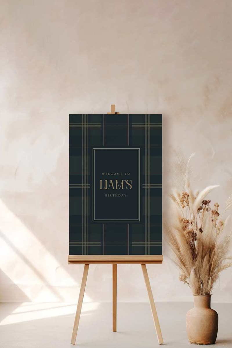 Ralph Lauren Plain birthday welcome sign in a minimalistic style. Event signage. In a blue, brown & red plaid design. Stationery for various event celebrations. Wedding, engagement stationery. Personalize and customize in Canva. Print at any local printer around the World. rust red, copper red, berry red, cranberry red.