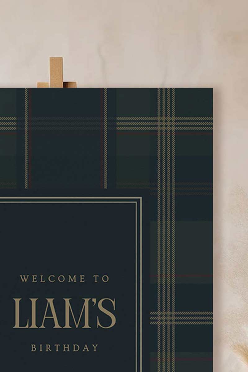 Ralph Lauren Plain birthday welcome sign in a minimalistic style. Event signage. In a blue, brown & red plaid design. Stationery for various event celebrations. Wedding, engagement stationery. Personalize and customize in Canva. Print at any local printer around the World. rust red, copper red, berry red, cranberry red.