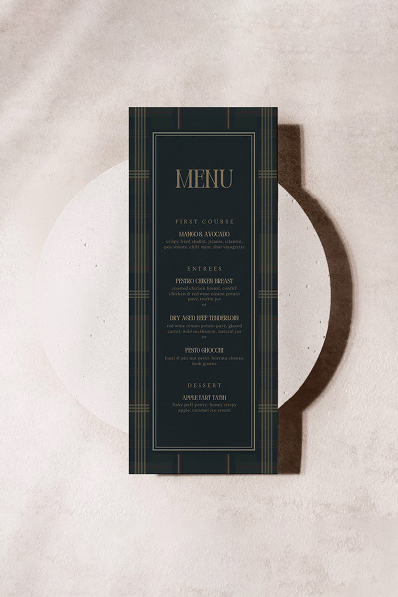 Ralph Lauren Plain birthday menu in a minimalistic plaid pattern. Event menu. In a blue, navy blue, gold & red plaid design. Stationery for various event celebrations. Wedding, engagement stationery. Personalize and customize in Canva. Print at any local printer around the World. rust red, copper red, berry red, cranberry red.