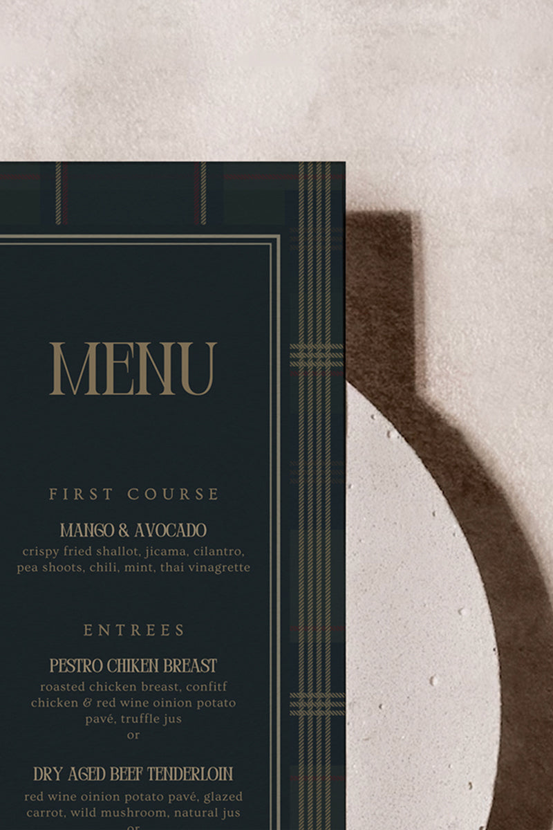 Ralph Lauren Plain birthday menu in a minimalistic plaid pattern. Event menu. In a blue, navy blue, gold & red plaid design. Stationery for various event celebrations. Wedding, engagement stationery. Personalize and customize in Canva. Print at any local printer around the World. rust red, copper red, berry red, cranberry red.