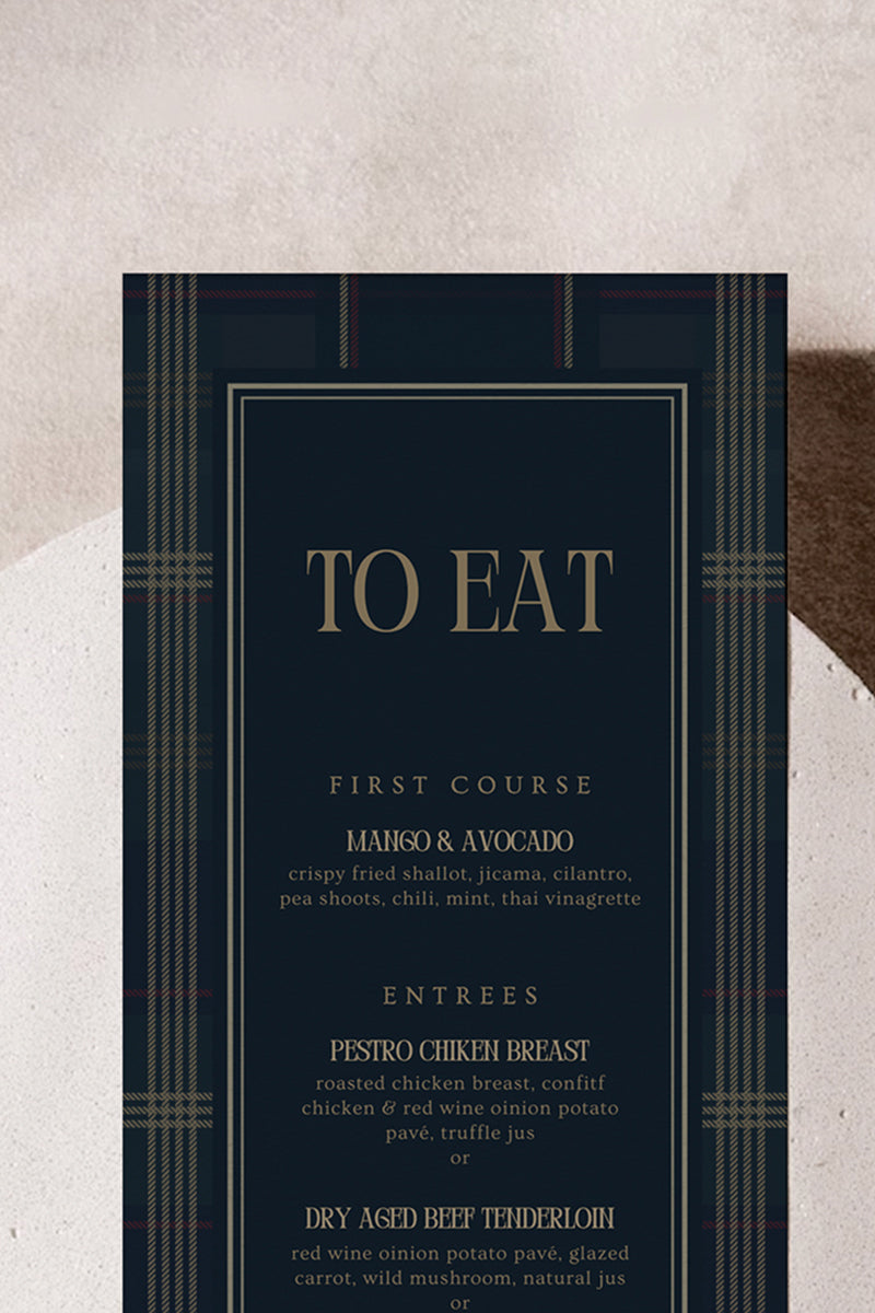 Ralph Lauren Plain birthday menu in a minimalistic plaid pattern. Event menu. In a blue, navy blue, gold & red plaid design. Stationery for various event celebrations. Wedding, engagement stationery. Personalize and customize in Canva. Print at any local printer around the World. rust red, copper red, berry red, cranberry red.