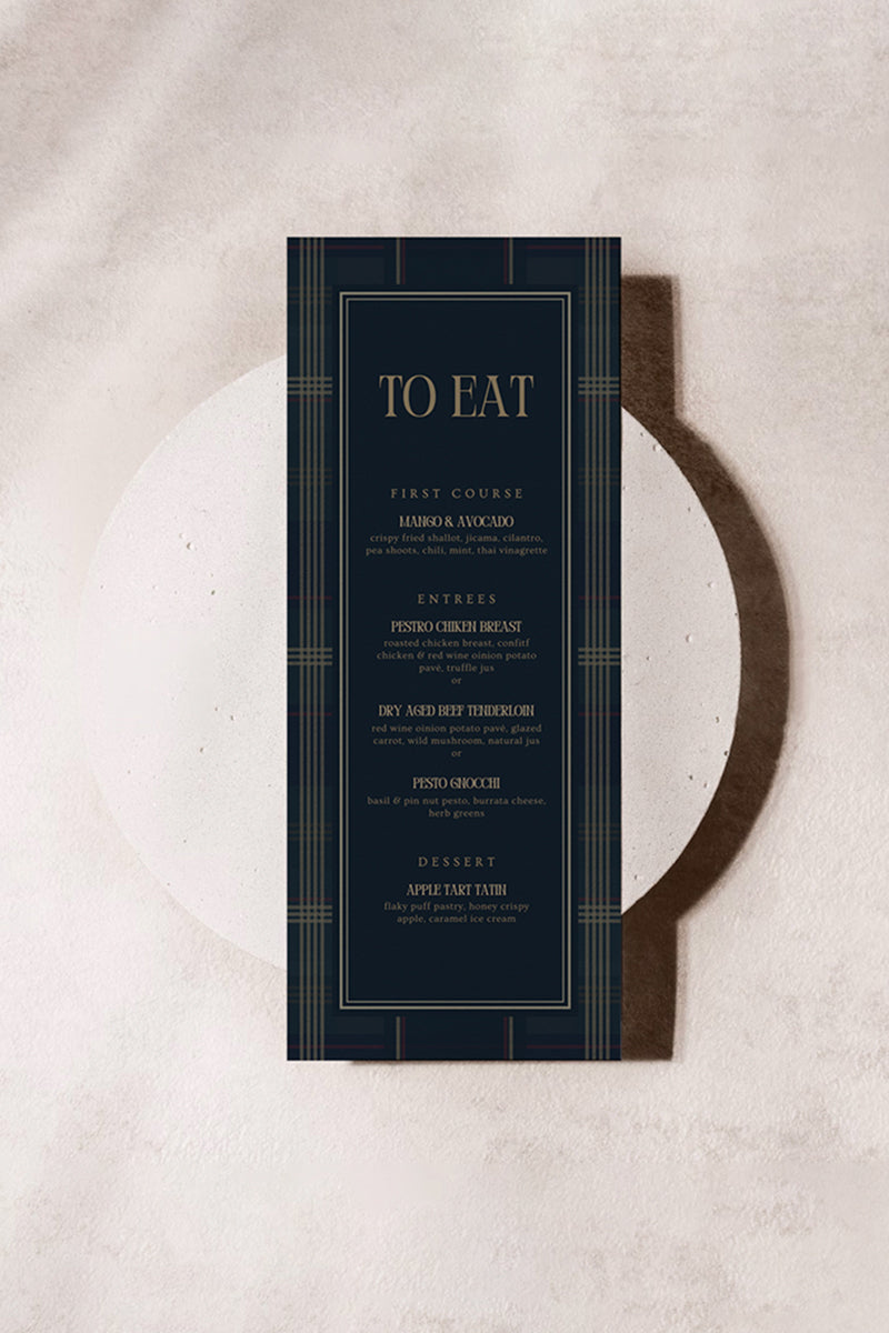 Ralph Lauren Plain birthday menu in a minimalistic plaid pattern. Event menu. In a blue, navy blue, gold & red plaid design. Stationery for various event celebrations. Wedding, engagement stationery. Personalize and customize in Canva. Print at any local printer around the World. rust red, copper red, berry red, cranberry red.