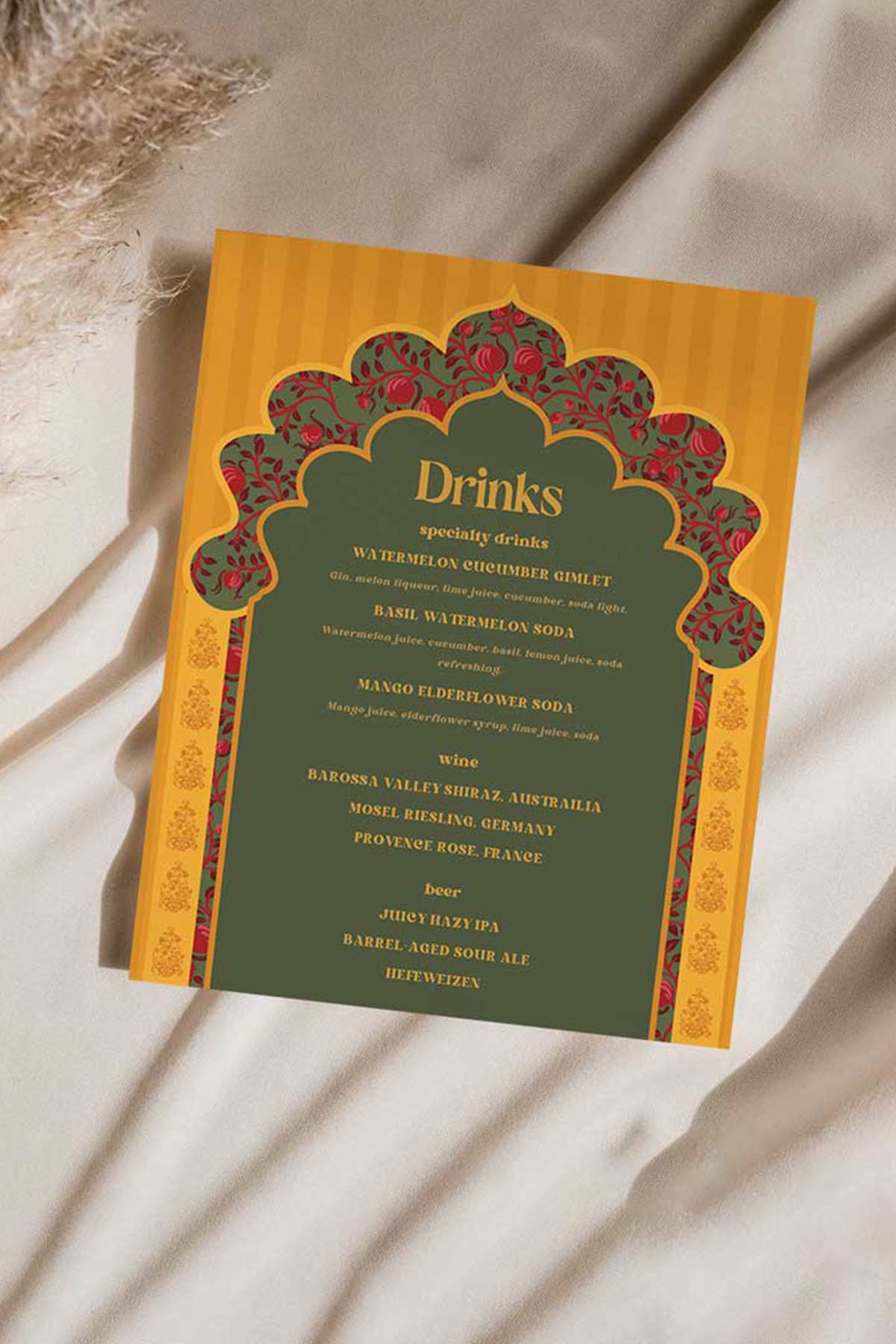 Arched Wedding Drink Menu with yellow, green & red marigold florals and Pomegranates. 8" x 10" Indian Wedding event signage for Sangeet, Haldi, Maiyan or Jago. Wedding Signage. Personalize and customize in Canva. Digital Download.  Print around the world at a local print shop.
