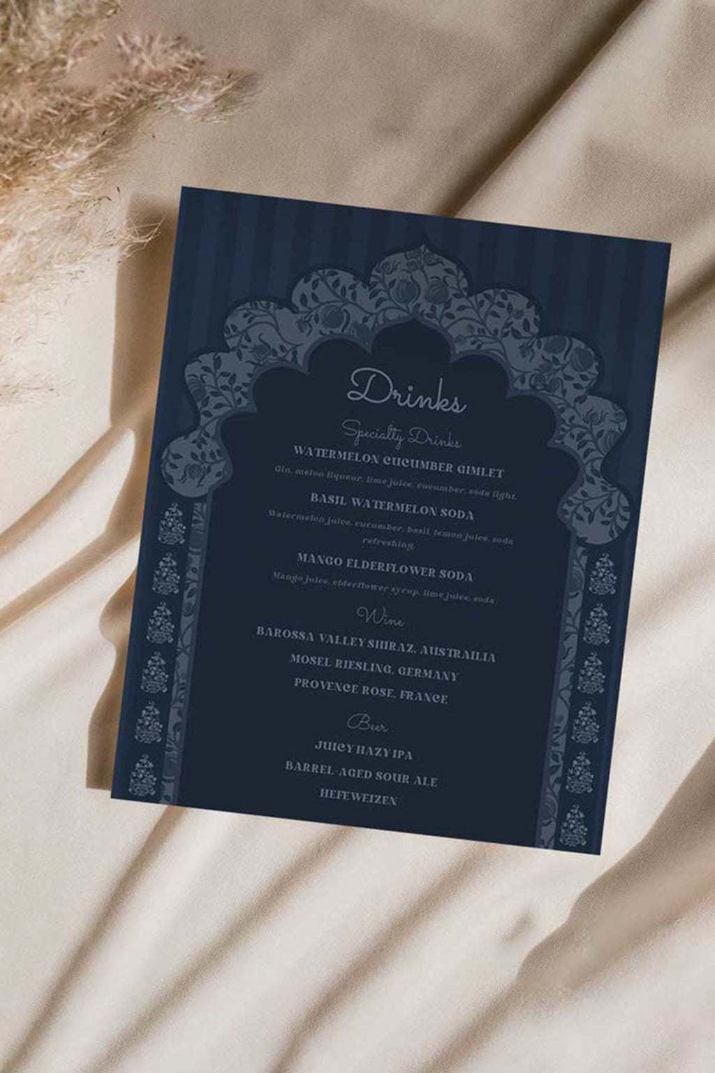 Arched Wedding Drink Menu with navy blue marigold florals and Pomegranates. 8" x 10" Indian Wedding event signage for Sangeet, Haldi, Maiyan or Jago. Wedding Signage. Personalize and customize in Canva. Digital Download.  Print around the world at a local print shop.
