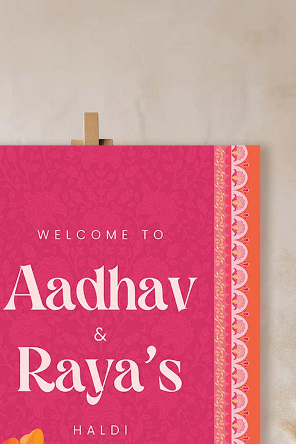 Wedding Welcome Sign with hot pink & orange florals in the shades of yellow, orange & green phulkari. Indian Wedding Events like jago, sangeet, mehndi, haldi, chunni & maiyan. Personalize and customize in Canva. Print at any local printer around the World. Digital Templates, printable templates.