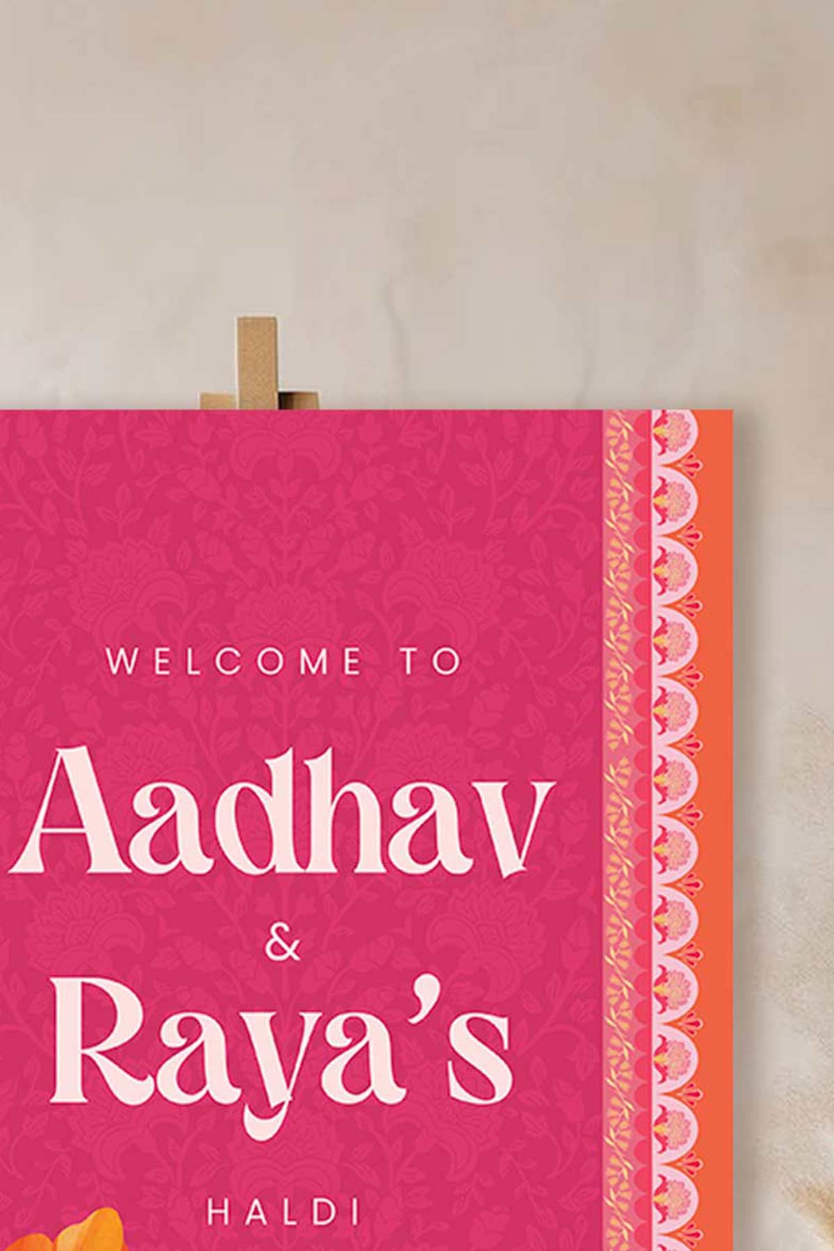 Wedding Welcome Sign with hot pink & orange florals in the shades of yellow, orange & green phulkari. Indian Wedding Events like jago, sangeet, mehndi, haldi, chunni & maiyan. Personalize and customize in Canva. Print at any local printer around the World. Digital Templates, printable templates.