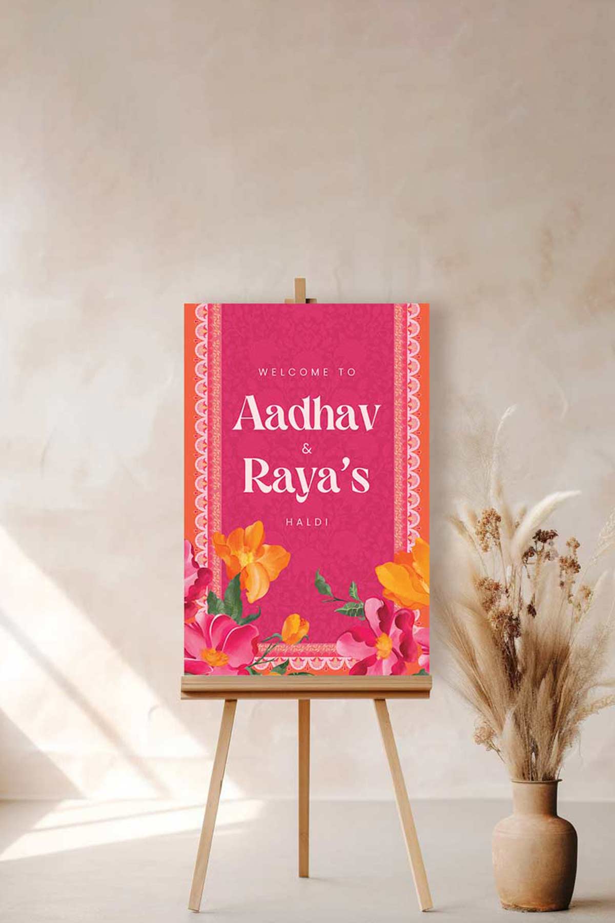 Wedding Welcome Sign with hot pink & orange florals in the shades of yellow, orange & green phulkari. Indian Wedding Events like jago, sangeet, mehndi, haldi, chunni & maiyan. Personalize and customize in Canva. Print at any local printer around the World. Digital Templates, printable templates.