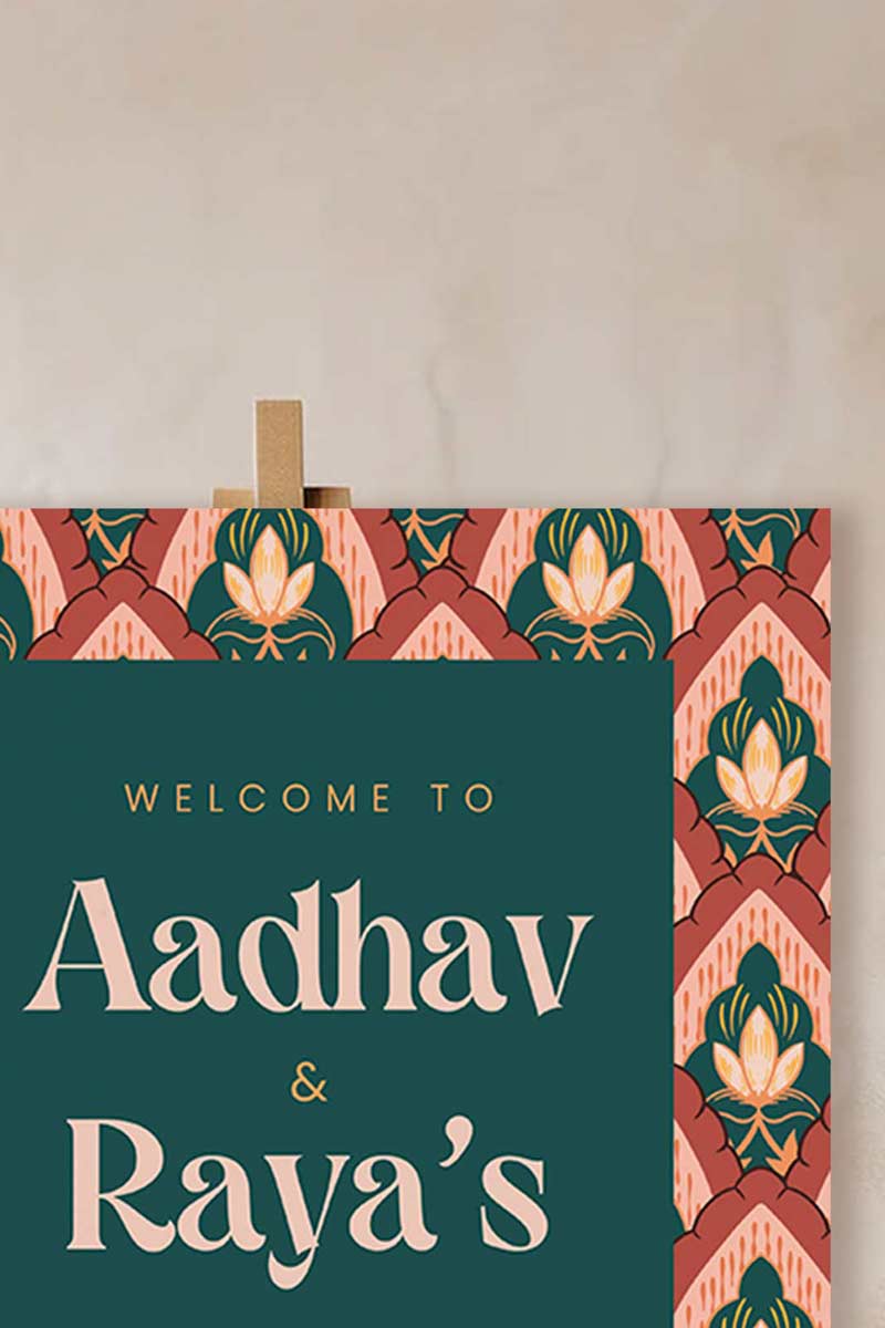 Indian Elephant Wedding Welcome Sign with motifs of lotus flower. In the shades of red, orange, yellow & teal. Indian Wedding Events like jago, sangeet, mehndi, haldi, chunni & maiyan. Digital template, instant download, printable file. Personalize and customize in Canva. Print at any local printer around the World. Digital Templates, printable templates.