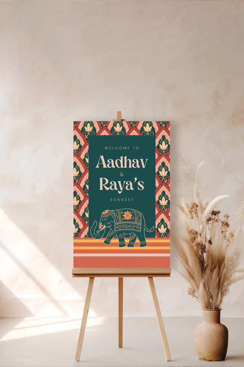 Indian Elephant Wedding Welcome Sign with motifs of lotus flower. In the shades of red, orange, yellow & teal. Indian Wedding Events like jago, sangeet, mehndi, haldi, chunni & maiyan. Digital template, instant download, printable file. Personalize and customize in Canva. Print at any local printer around the World. Digital Templates, printable templates.