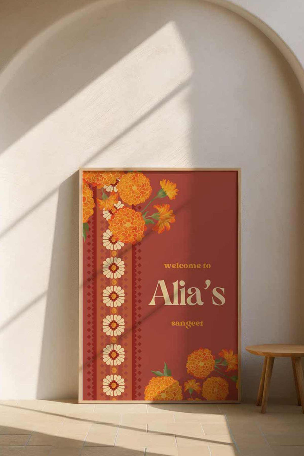 Orange Retro Wedding Welcome Sign with orange marigold florals. Indian Wedding events for Sangeet, Haldi, Maiyan or Jago. Wedding Signage. Personalize and customize in Canva. Digital Download.  Print around the world at a local print shop.