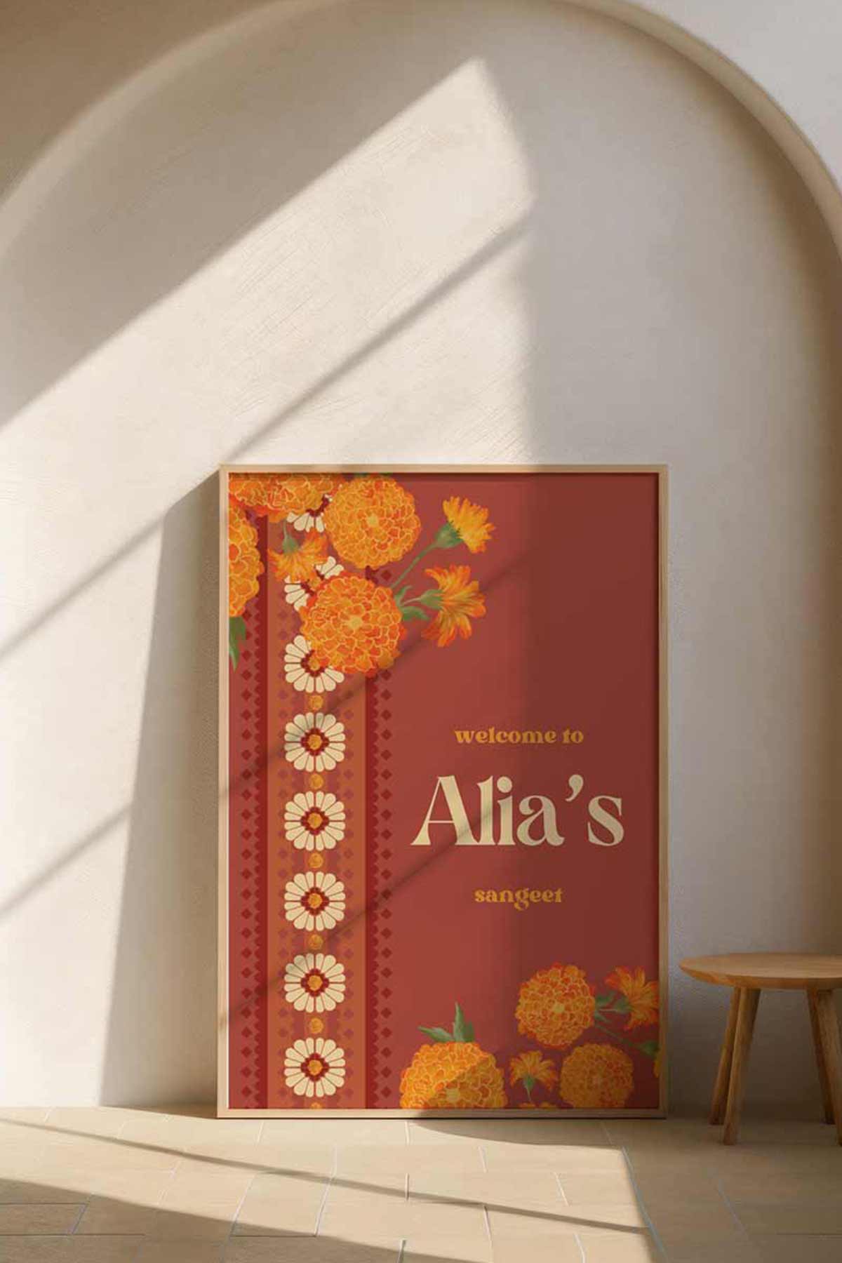 Orange Retro Wedding Welcome Sign with orange marigold florals. Indian Wedding events for Sangeet, Haldi, Maiyan or Jago. Wedding Signage. Personalize and customize in Canva. Digital Download.  Print around the world at a local print shop.