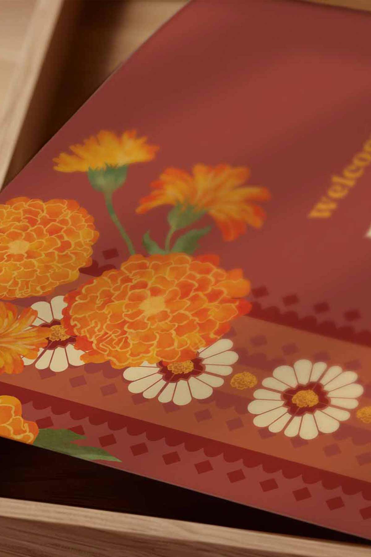 Orange Retro Wedding Welcome Sign with orange marigold florals. Indian Wedding events for Sangeet, Haldi, Maiyan or Jago. Wedding Signage. Personalize and customize in Canva. Digital Download.  Print around the world at a local print shop.