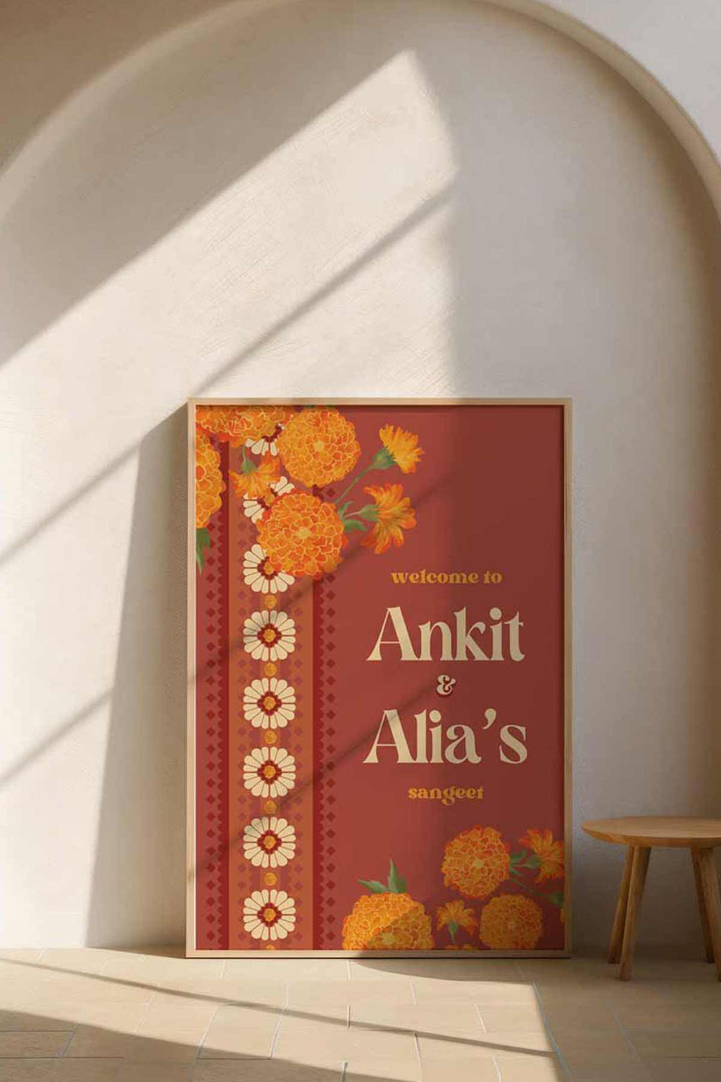 Orange Retro Wedding Welcome Sign with orange marigold florals. Indian Wedding events for Sangeet, Haldi, Maiyan or Jago. Wedding Signage. Personalize and customize in Canva. Digital Download.  Print around the world at a local print shop.