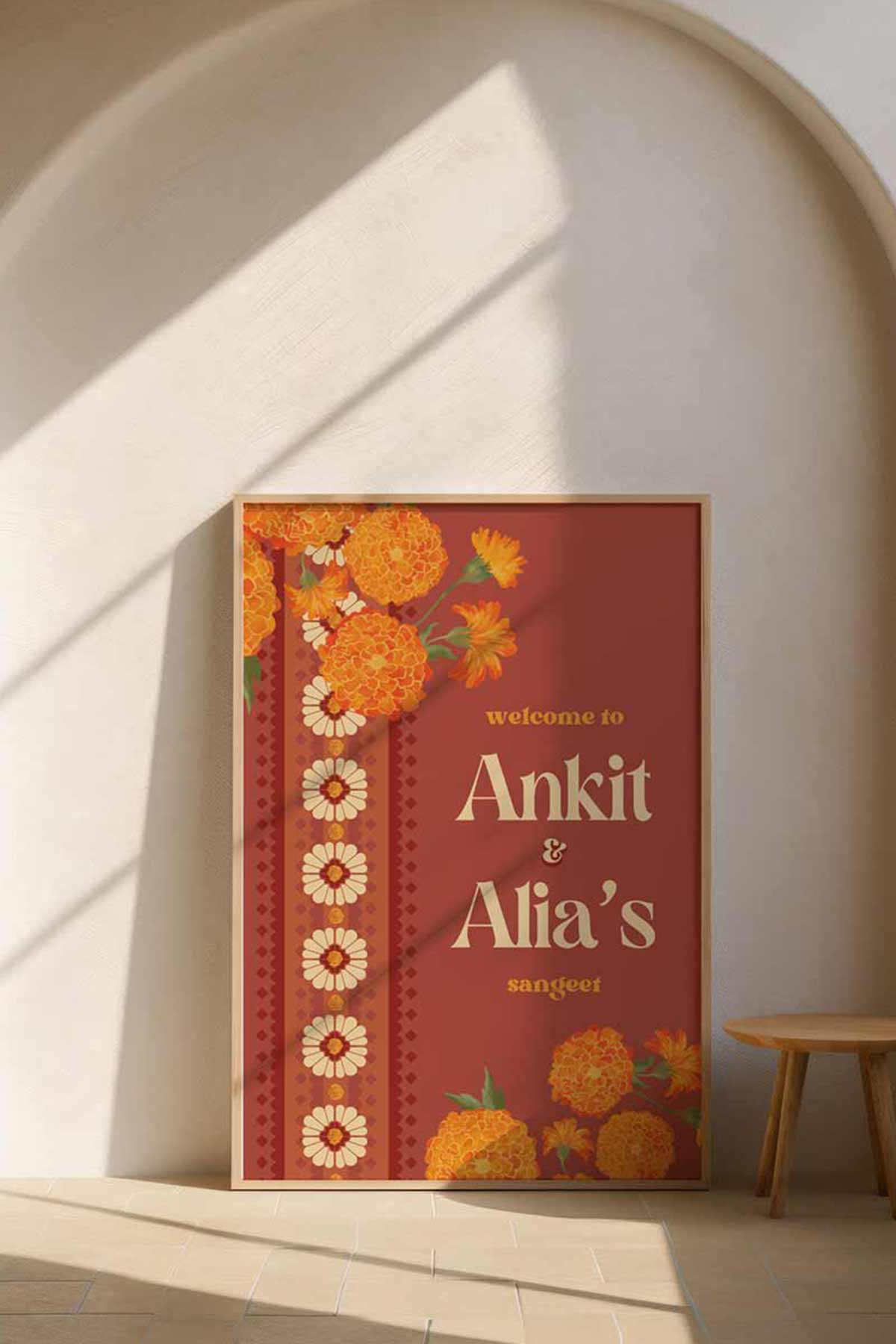 Orange Retro Wedding Welcome Sign with orange marigold florals. Indian Wedding events for Sangeet, Haldi, Maiyan or Jago. Wedding Signage. Personalize and customize in Canva. Digital Download.  Print around the world at a local print shop.
