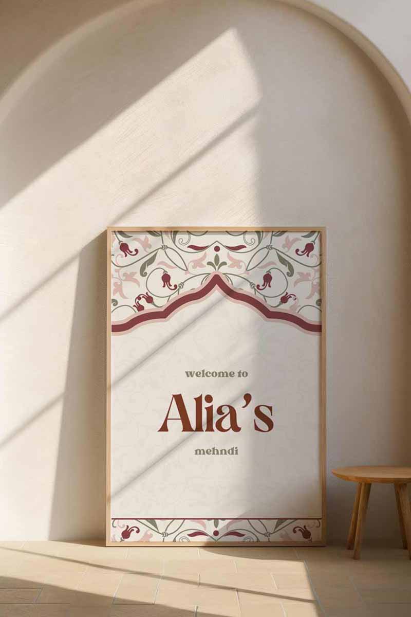 Arched Jaipur Palace Block Print Wedding Welcome Sign with marble and stone tiled work. Indian Wedding events for Sangeet, Haldi, Maiyan or Jago. Wedding Signage. Personalize and customize in Canva. Digital Download.  Print around the world at a local print shop.