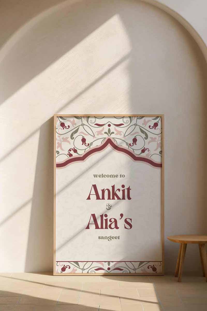 Arched Jaipur Palace Block Print Wedding Welcome Sign with marble and stone tiled work. Indian Wedding events for Sangeet, Haldi, Maiyan or Jago. Wedding Signage. Personalize and customize in Canva. Digital Download.  Print around the world at a local print shop.