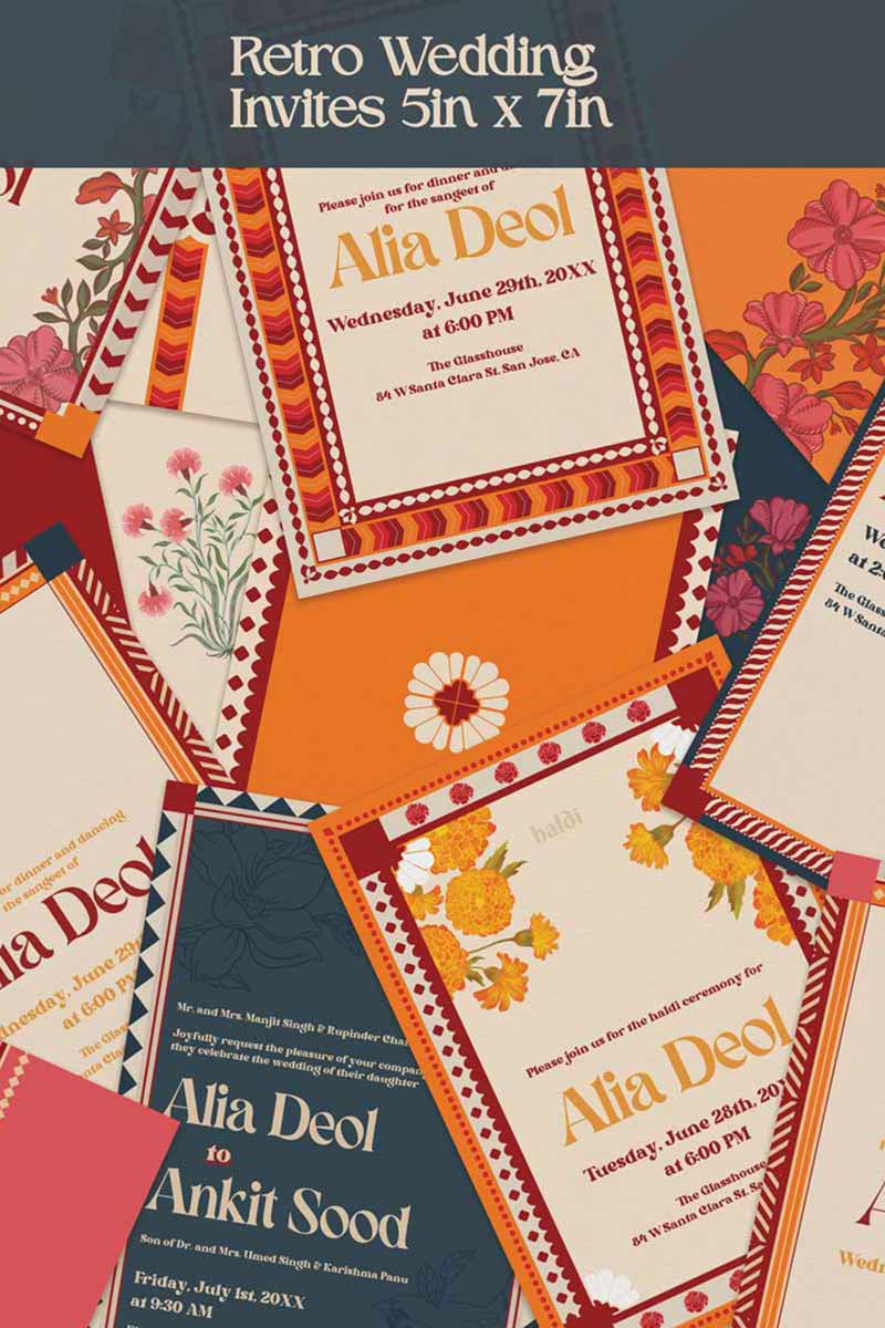 Retro Wedding Invitation Set in the shades of blue, orange, red, pink, beige and green colours. With orange marigold floral. Jaipur block print artwork. It has line drawn florals and birds. Sized at 5 inches x 7 inches with front and back design options. Indian Wedding Invitation Set. Personalize and customize in Canva. Print at any local printer around the World. Florals & Birds