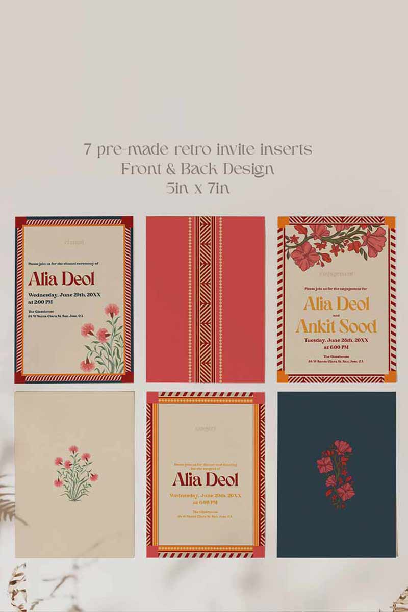 Retro Wedding Invitation Set in the shades of blue, orange, red, pink, beige and green colours. With orange marigold floral. Jaipur block print artwork. It has line drawn florals and birds. Sized at 5 inches x 7 inches with front and back design options. Indian Wedding Invitation Set. Personalize and customize in Canva. Print at any local printer around the World. Florals & Birds