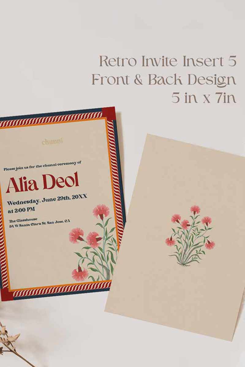 Retro Wedding Invitation Set in the shades of blue, orange, red, pink, beige and green colours. With orange marigold floral. Jaipur block print artwork. It has line drawn florals and birds. Sized at 5 inches x 7 inches with front and back design options. Indian Wedding Invitation Set. Personalize and customize in Canva. Print at any local printer around the World. Florals & Birds