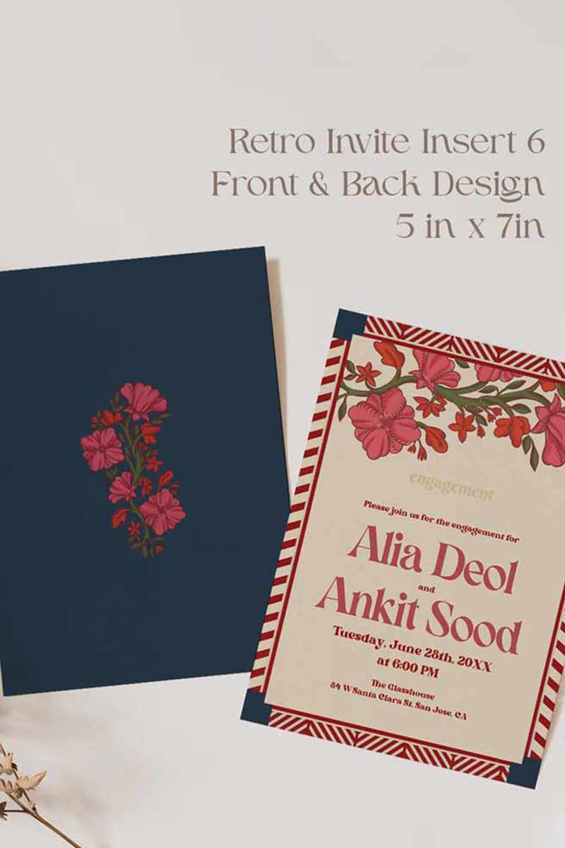 Retro Wedding Invitation Set in the shades of blue, orange, red, pink, beige and green colours. With orange marigold floral. Jaipur block print artwork. It has line drawn florals and birds. Sized at 5 inches x 7 inches with front and back design options. Indian Wedding Invitation Set. Personalize and customize in Canva. Print at any local printer around the World. Florals & Birds