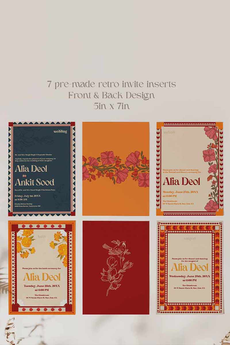 Retro Wedding Invitation Set in the shades of blue, orange, red, pink, beige and green colours. With orange marigold floral. Jaipur block print artwork. It has line drawn florals and birds. Sized at 5 inches x 7 inches with front and back design options. Indian Wedding Invitation Set. Personalize and customize in Canva. Print at any local printer around the World. Florals & Birds