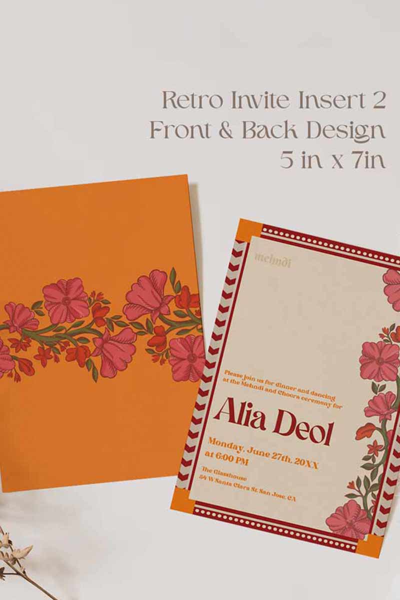 Retro Wedding Invitation Set in the shades of blue, orange, red, pink, beige and green colours. With orange marigold floral. Jaipur block print artwork. It has line drawn florals and birds. Sized at 5 inches x 7 inches with front and back design options. Indian Wedding Invitation Set. Personalize and customize in Canva. Print at any local printer around the World. Florals & Birds