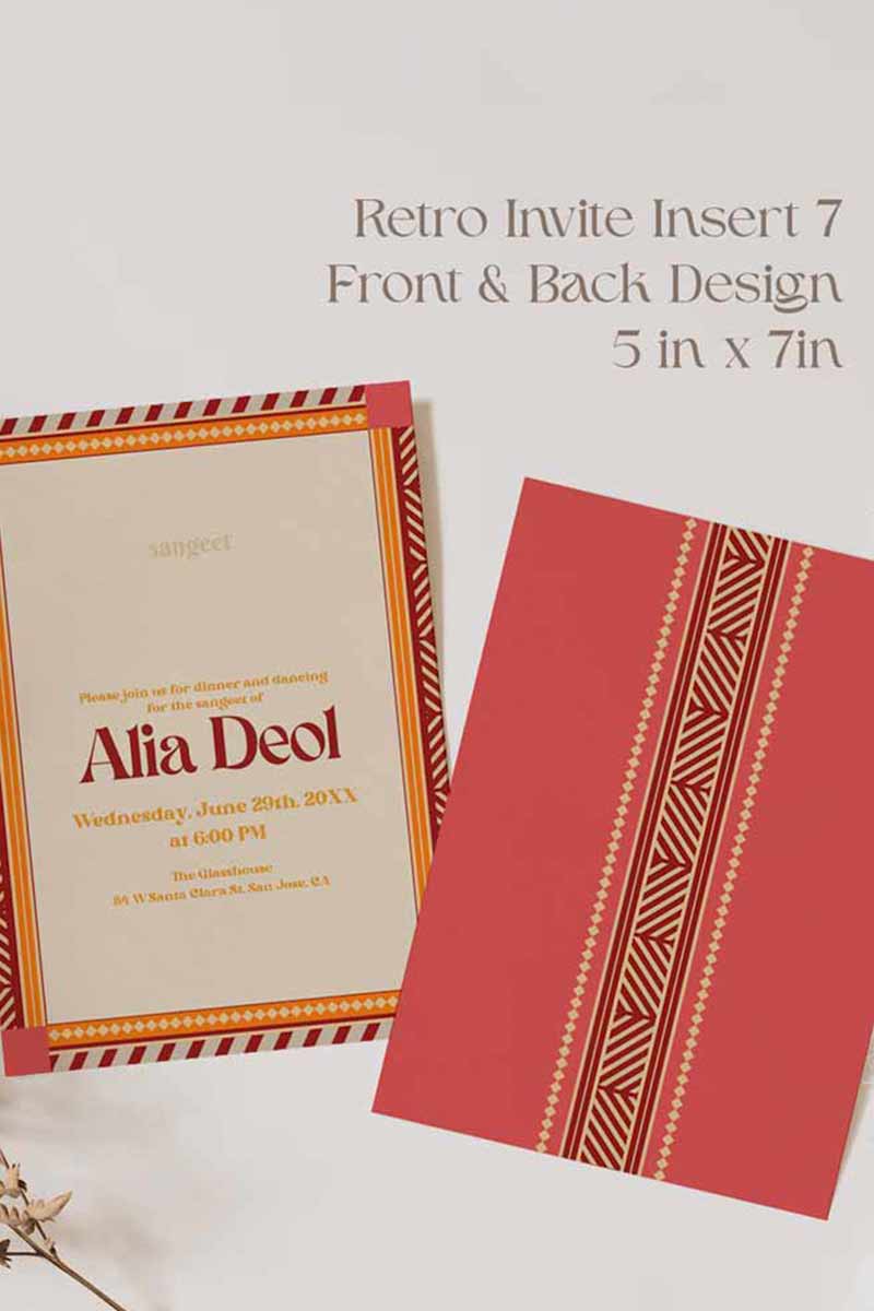 Retro Wedding Invitation Set in the shades of blue, orange, red, pink, beige and green colours. With orange marigold floral. Jaipur block print artwork. It has line drawn florals and birds. Sized at 5 inches x 7 inches with front and back design options. Indian Wedding Invitation Set. Personalize and customize in Canva. Print at any local printer around the World. Florals & Birds