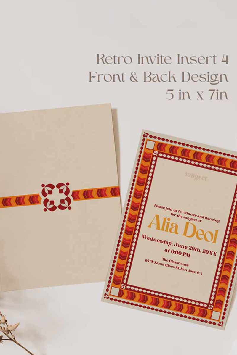 Retro Wedding Invitation Set in the shades of blue, orange, red, pink, beige and green colours. With orange marigold floral. Jaipur block print artwork. It has line drawn florals and birds. Sized at 5 inches x 7 inches with front and back design options. Indian Wedding Invitation Set. Personalize and customize in Canva. Print at any local printer around the World. Florals & Birds