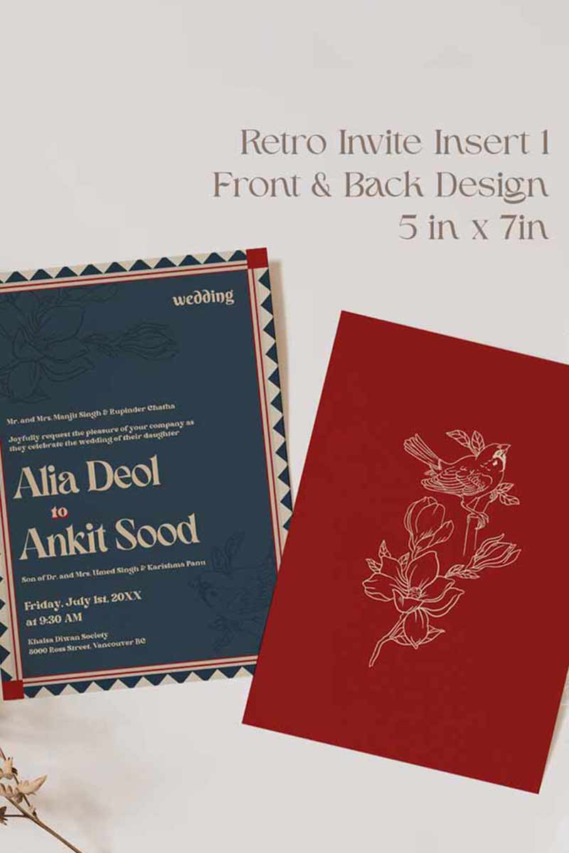 Retro Wedding Invitation Set in the shades of blue, orange, red, pink, beige and green colours. With orange marigold floral. Jaipur block print artwork. It has line drawn florals and birds. Sized at 5 inches x 7 inches with front and back design options. Indian Wedding Invitation Set. Personalize and customize in Canva. Print at any local printer around the World. Florals & Birds