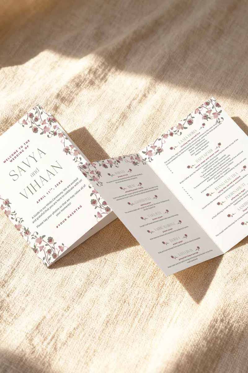 Jaipur-inspired Wedding folded program card in the shades of maroon, pink, mehndi green, and white. With maroon & pink florals & Indian elephants. Jaipur block print artwork. It is inspired by Jaipuri style design and art. Sized at 5" x 7" with front and back design options. Indian Wedding Invitation Set. Personalize and customize in Canva. Print at any local printer around the World. Florals & Birds