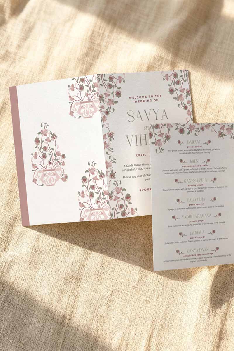 Jaipur-inspired Wedding folded program card in the shades of maroon, pink, mehndi green, and white. With maroon & pink florals & Indian elephants. Jaipur block print artwork. It is inspired by Jaipuri style design and art. Sized at 5" x 7" with front and back design options. Indian Wedding Invitation Set. Personalize and customize in Canva. Print at any local printer around the World. Florals & Birds