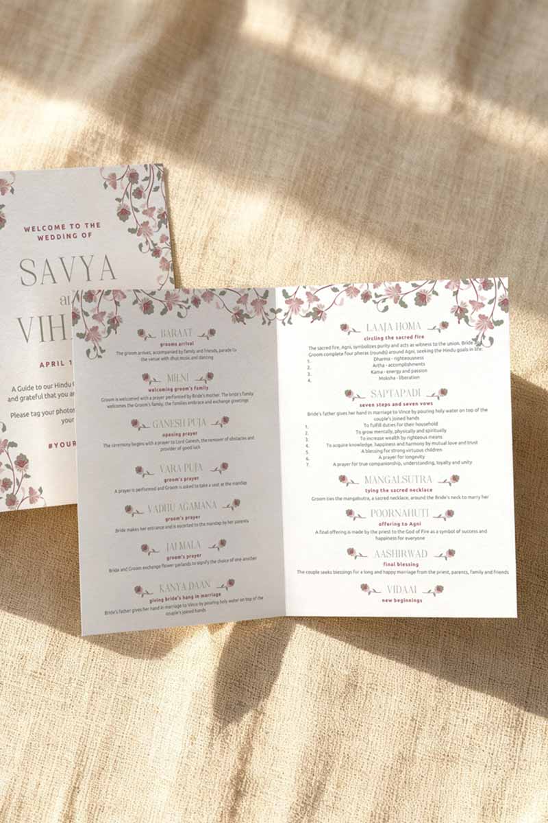 Jaipur-inspired Wedding folded program card in the shades of maroon, pink, mehndi green, and white. With maroon & pink florals & Indian elephants. Jaipur block print artwork. It is inspired by Jaipuri style design and art. Sized at 5" x 7" with front and back design options. Indian Wedding Invitation Set. Personalize and customize in Canva. Print at any local printer around the World. Florals & Birds