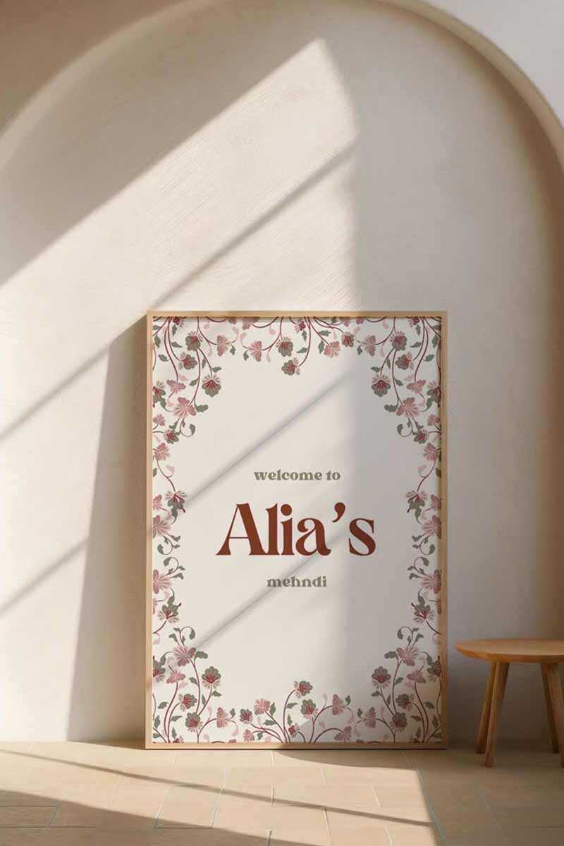 Arched Jaipur Palace Block Print Wedding Welcome Sign with marble and stone tiled work. Indian floral motifs. Indian Wedding events for Sangeet, Haldi, Maiyan or Jago. Wedding Signage. Personalize and customize in Canva. Digital Download.  Print around the world at a local print shop.