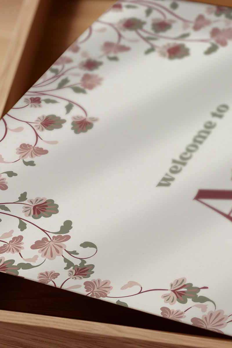 Arched Jaipur Palace Block Print Wedding Welcome Sign with marble and stone tiled work. Indian floral motifs. Indian Wedding events for Sangeet, Haldi, Maiyan or Jago. Wedding Signage. Personalize and customize in Canva. Digital Download.  Print around the world at a local print shop.