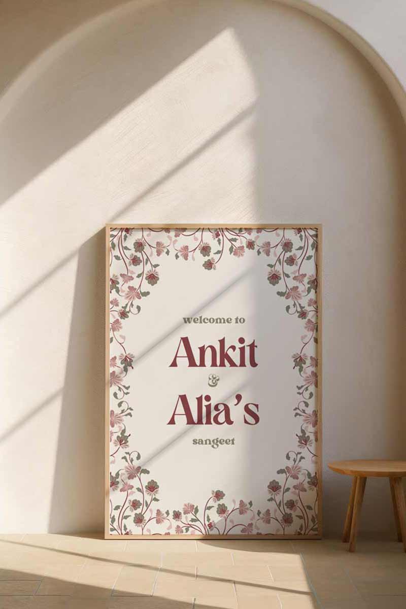 Arched Jaipur Palace Block Print Wedding Welcome Sign with marble and stone tiled work. Indian floral motifs. Indian Wedding events for Sangeet, Haldi, Maiyan or Jago. Wedding Signage. Personalize and customize in Canva. Digital Download.  Print around the world at a local print shop.