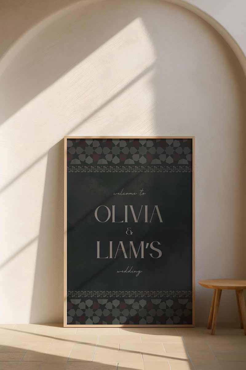 Wedding welcome sign in a geometric black textured style. Event signage. In a dark grey charcoal texture wash. Stationery for various event celebrations. Wedding, engagement stationery. Personalize and customize in Canva. Print at any local printer around the World. Wine purple, mauve. Textured florals