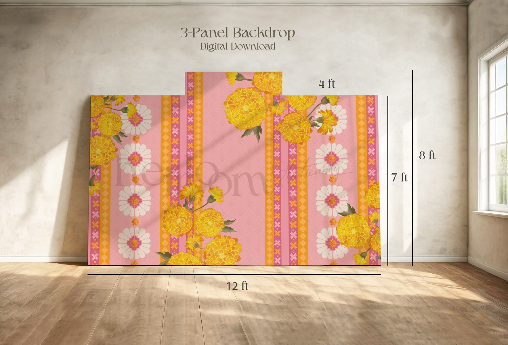 Indian Wedding decor backdrop in pink and yellow. With yellow monograms and white florals. Event signage. Printable backdrops for main stages and photo ops. Stationery for various event celebrations. Wedding, engagement, sangeet, haldi, mehndi, jaggo, maiyan, chunni, choora. Personalize and customize in Canva. Print at any local printer around the World. Wine purple, mauve. Textured florals