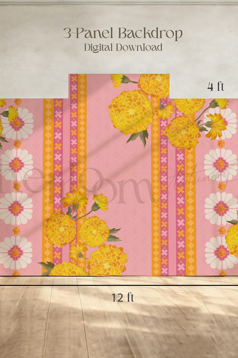 Indian Wedding decor backdrop in pink and yellow. With yellow monograms and white florals. Event signage. Printable backdrops for main stages and photo ops. Stationery for various event celebrations. Wedding, engagement, sangeet, haldi, mehndi, jaggo, maiyan, chunni, choora. Personalize and customize in Canva. Print at any local printer around the World. Wine purple, mauve. Textured florals