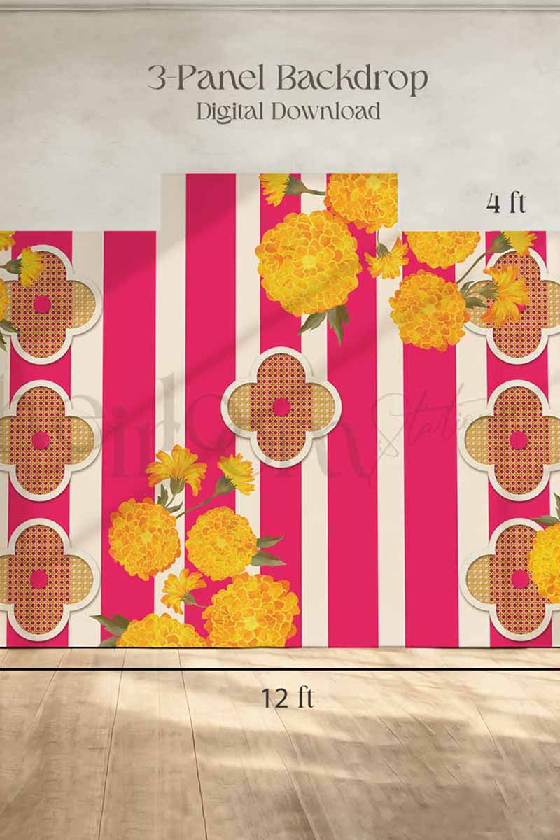 Van cleef clover icon for a modern Indian Wedding decor backdrop in pink, yellow & beige. With yellow monograms and white florals. Event signage. Printable backdrops for main stages and photo ops. Stationery for various event celebrations. Wedding, engagement, sangeet, haldi, mehndi, jaggo, maiyan, chunni, choora. Personalize and customize in Canva. Print at any local printer around the World. Wine purple, mauve. Textured florals