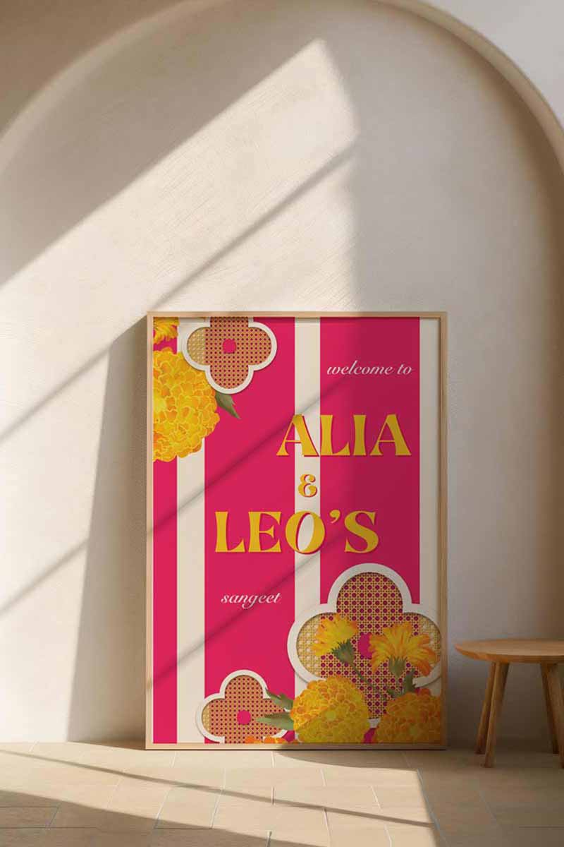 A modern wedding welcome sign featuring a bold fusion of iconic clover silhouettes and vibrant yellow marigolds. This sophisticated design blends contemporary style with traditional heritage, perfect for a Sangeet, Haldi, or reception. A high-resolution printable template with customizable text and colors by Heirloom Stationery.