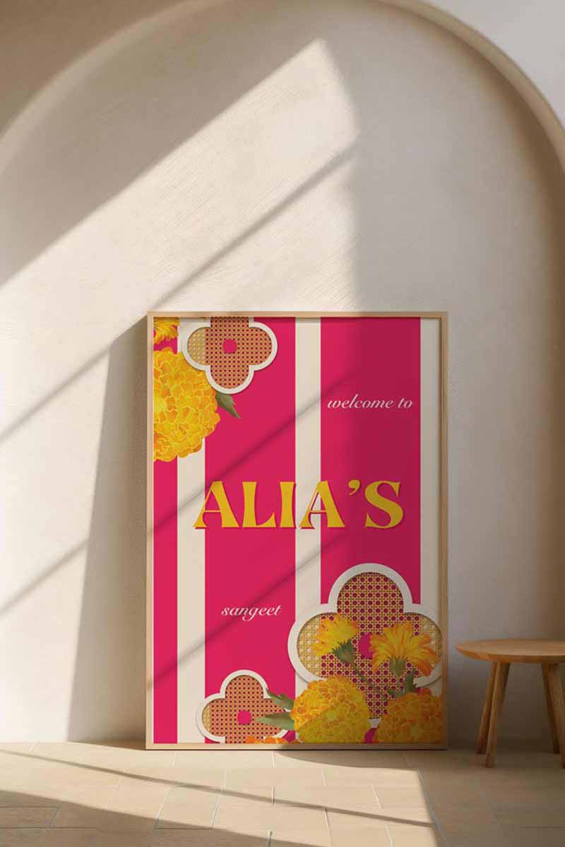A modern wedding welcome sign featuring a bold fusion of iconic clover silhouettes and vibrant yellow marigolds. This sophisticated design blends contemporary style with traditional heritage, perfect for a Sangeet, Haldi, or reception. A high-resolution printable template with customizable text and colors by Heirloom Stationery.