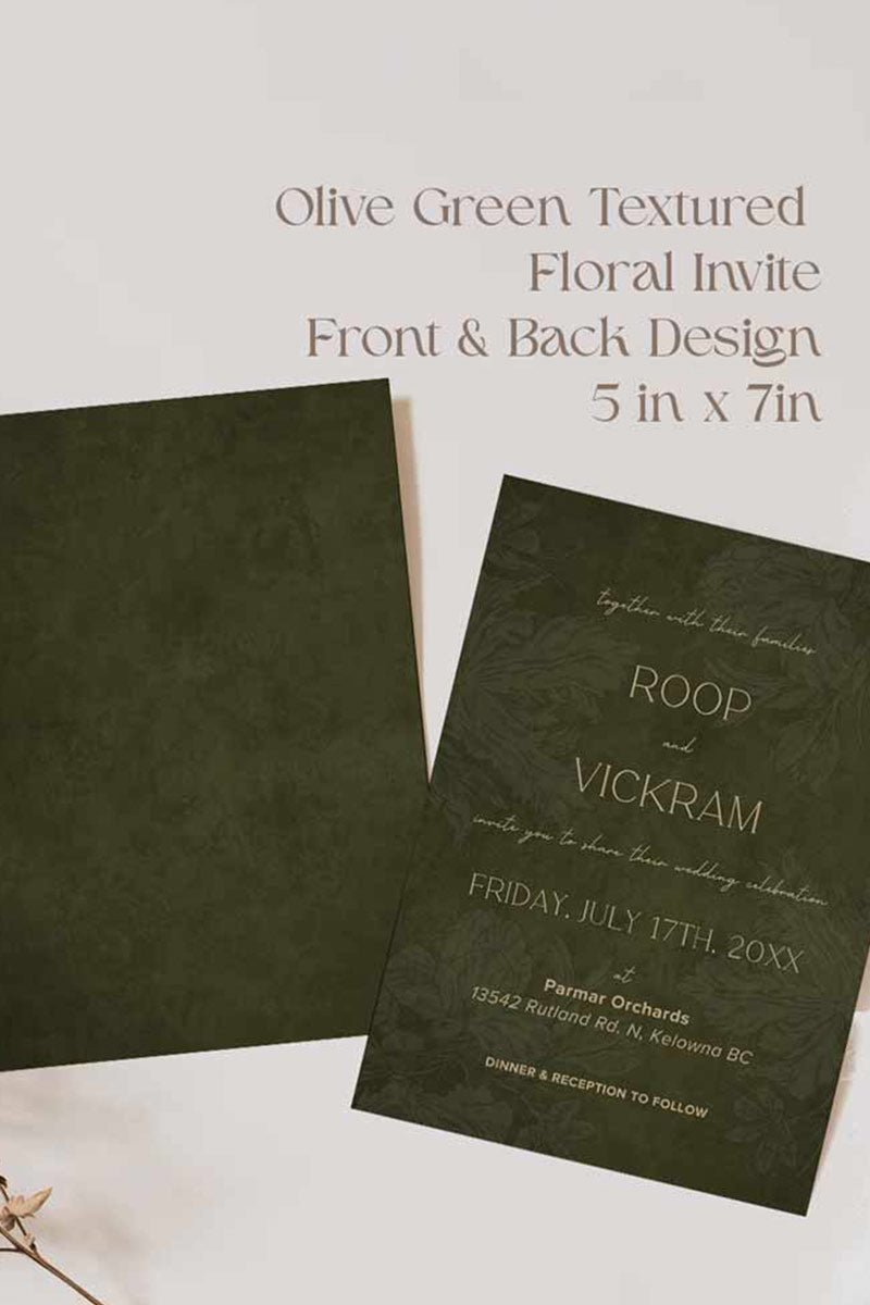 Wedding invite in a minimalistic style. Digital downloadable invite. In a olive green floral texture wash. 5" x 7" digital invite. Stationery for various event celebrations. Wedding, engagement stationery. Personalize and customize in Canva. Print at any local printer around the World. Olive green, sage green, mehndi green. Textured florals