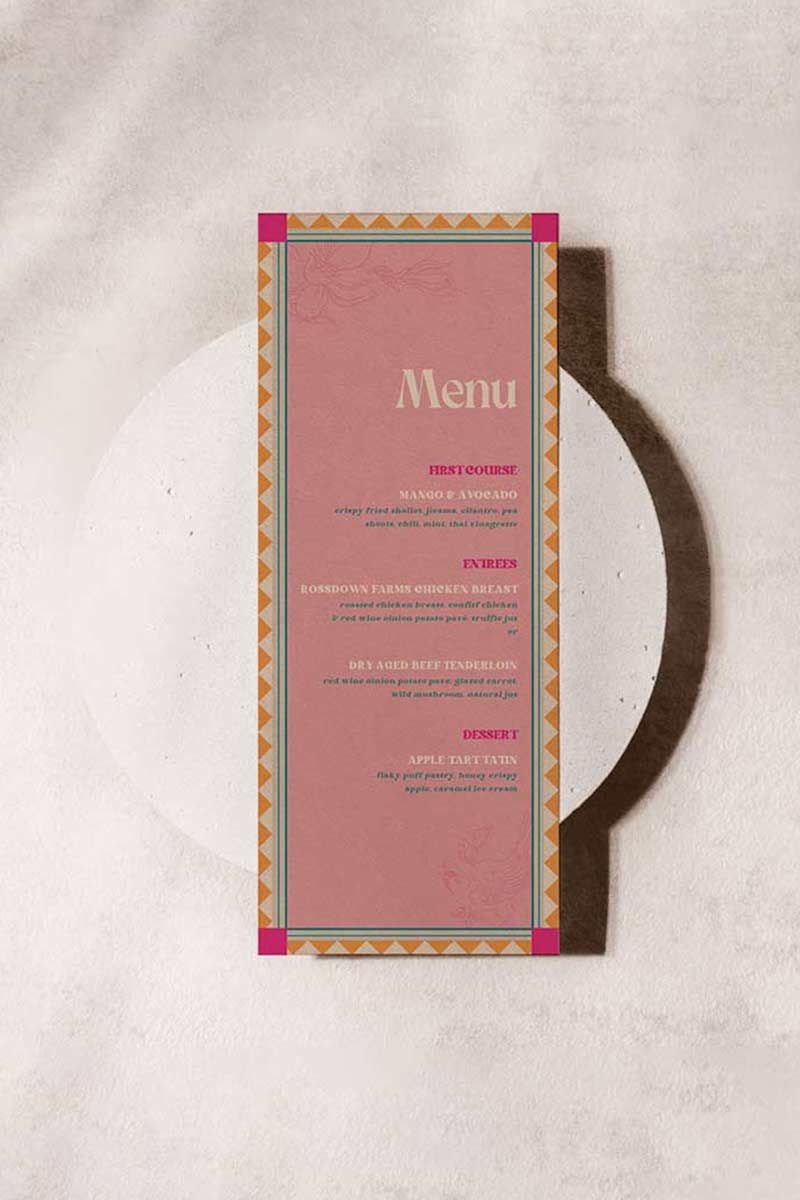 Retro Wedding Food Dining Menu with pink, teal & yellow florals. Indian Wedding events for Sangeet, Haldi, Maiyan or Jago. Wedding Signage. Personalize and customize in Canva. Digital Download.  Print around the world at a local print shop.