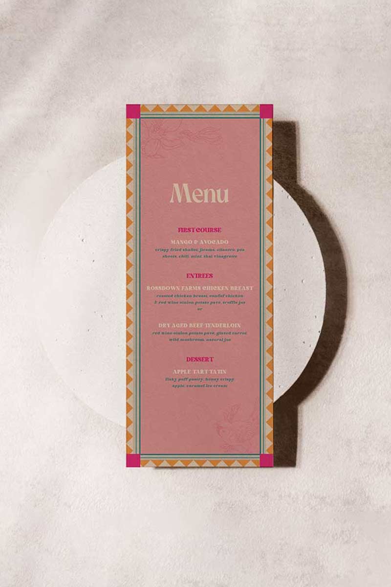 Retro Wedding Food Dining Menu with pink, teal & yellow florals. Indian Wedding events for Sangeet, Haldi, Maiyan or Jago. Wedding Signage. Personalize and customize in Canva. Digital Download.  Print around the world at a local print shop.