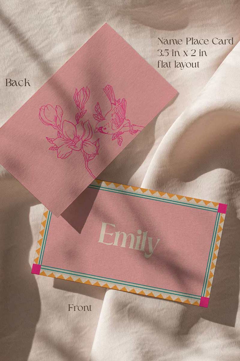 Retro Wedding Name Place Cards with pink, teal, & orange marigold florals & bird. Escort Cards. Folded tent style & flat lay. Indian Wedding events for Sangeet, Haldi, Maiyan or Jago. Wedding Signage. Wedding signature drink editable menu. Canva template. Guest name card 3.5" x 2". Personalize and customize in Canva. Digital Download.  Print around the world at a local print shop.