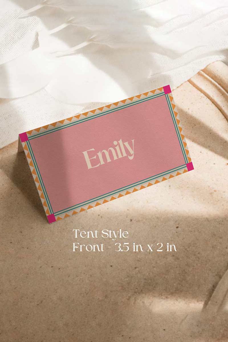 Retro Wedding Name Place Cards with pink, teal, & orange marigold florals & bird. Escort Cards. Folded tent style & flat lay. Indian Wedding events for Sangeet, Haldi, Maiyan or Jago. Wedding Signage. Wedding signature drink editable menu. Canva template. Guest name card 3.5" x 2". Personalize and customize in Canva. Digital Download.  Print around the world at a local print shop.