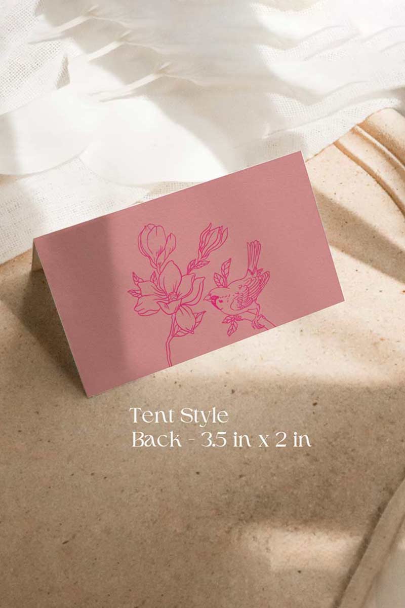 Retro Wedding Name Place Cards with pink, teal, & orange marigold florals & bird. Escort Cards. Folded tent style & flat lay. Indian Wedding events for Sangeet, Haldi, Maiyan or Jago. Wedding Signage. Wedding signature drink editable menu. Canva template. Guest name card 3.5" x 2". Personalize and customize in Canva. Digital Download.  Print around the world at a local print shop.