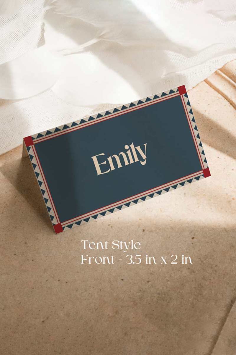 Retro Wedding Name Place Cards with navy blue, beige, red & orange marigold florals & bird. Escort Cards. Folded tent style & flat lay. Indian Wedding events for Sangeet, Haldi, Maiyan or Jago. Wedding Signage. Wedding signature drink editable menu. Canva template. Guest name card 3.5" x 2". Personalize and customize in Canva. Digital Download.  Print around the world at a local print shop.